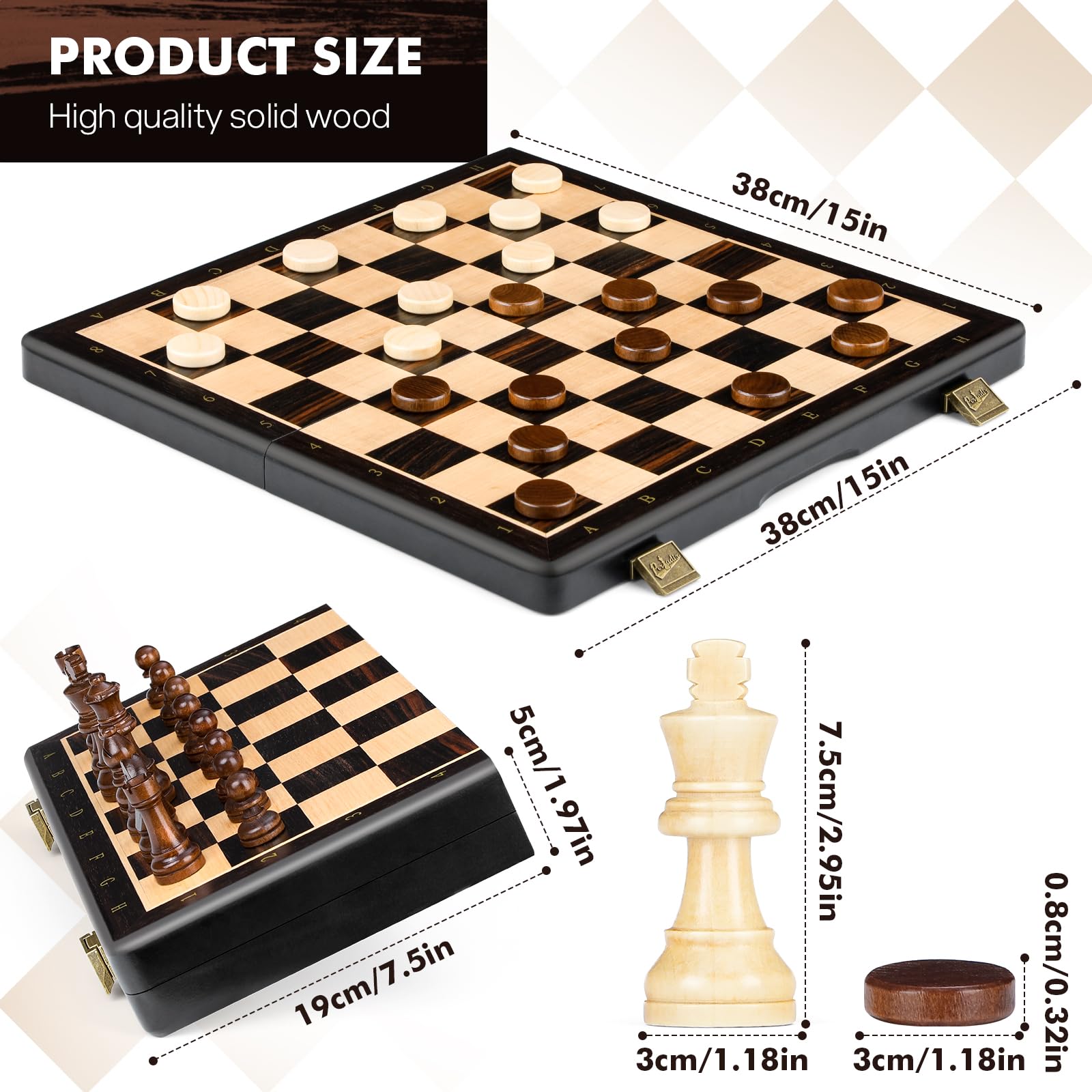 Peradix 38CM Schachspiel Holz Hochwertig - 2 In 1 Magnetisch Schachbrett Holz, Reiseschach für Kinder und Erwachsene, Naturholzfarben, Schachspiel & Checkers Set