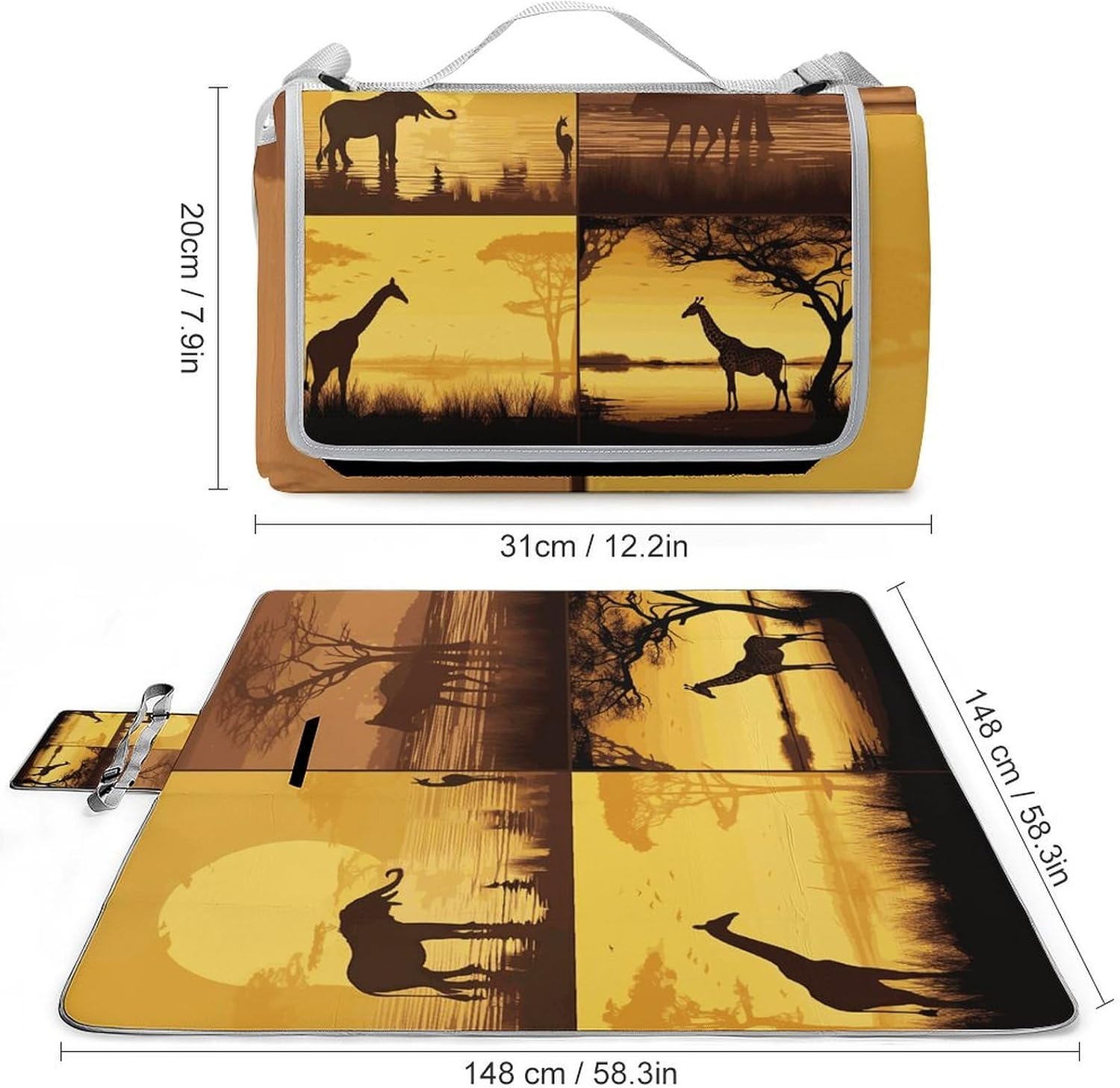 African Grassland Animals Waterproof Picnic Blanket 58.3''x58.3'',Portable and Foldable Picnic Mat with Handle,Outdoor Blankets for Lawn Park Beach Travel
