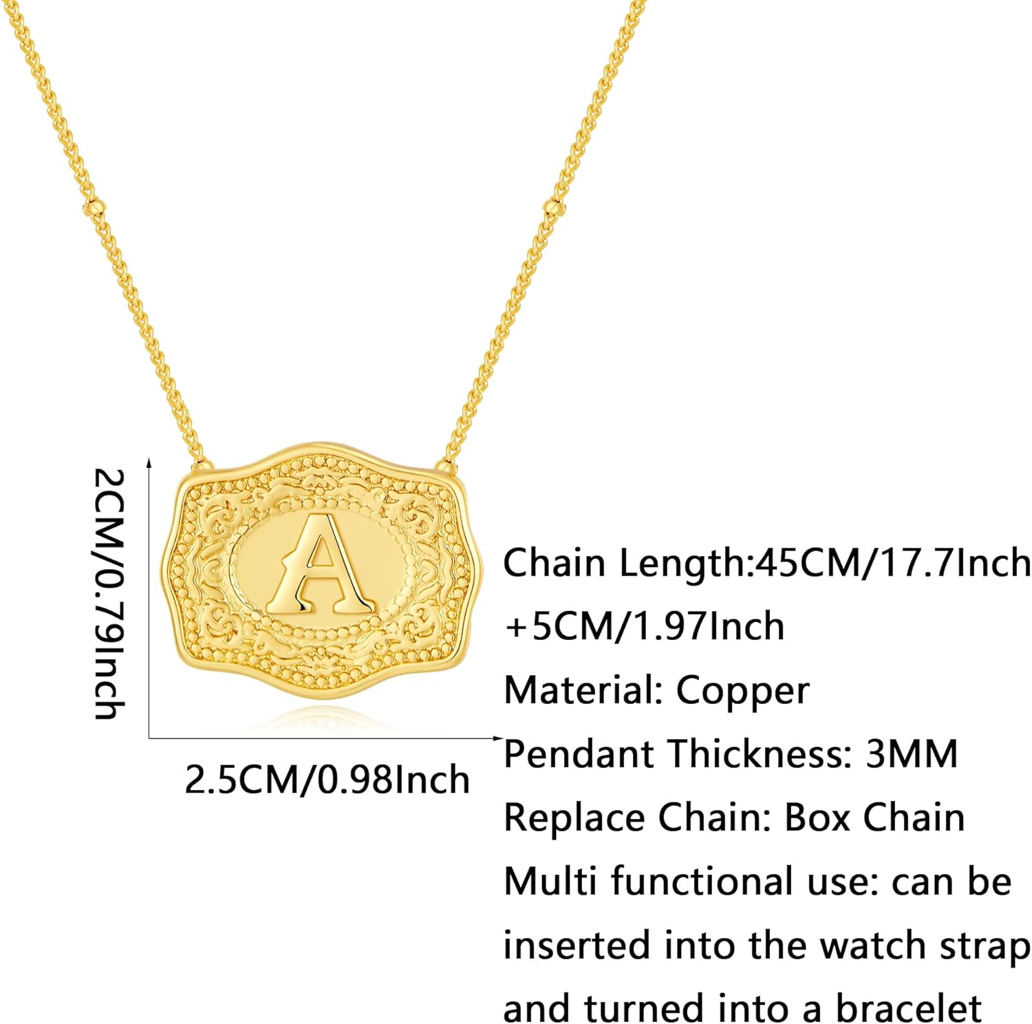 Belt Buckle Necklace With Initial For Women, 18k Gold Plated Mini Embossed Letter Pendant Western Charm Gift Jewelry - Image 5