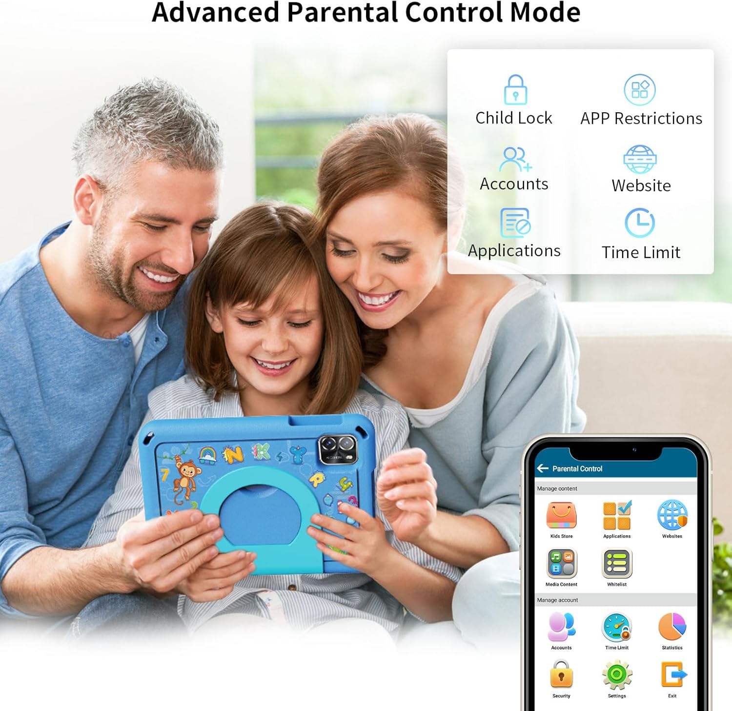 Parental control interface showing options for Child Lock, App Restrictions, Accounts, Website filters, Applications management, and Time Limit.