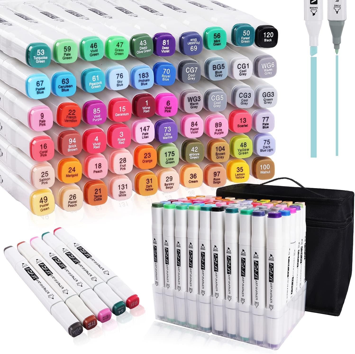 ADAXI 80 Colors Alcohol Brush Markers Dual Tips, 10 colored pencils, 2 sketch pens, or Kids Adults, Art Markers with Colored Carrying Case, Plastic Base for Anime Design, Painting, Great Gift