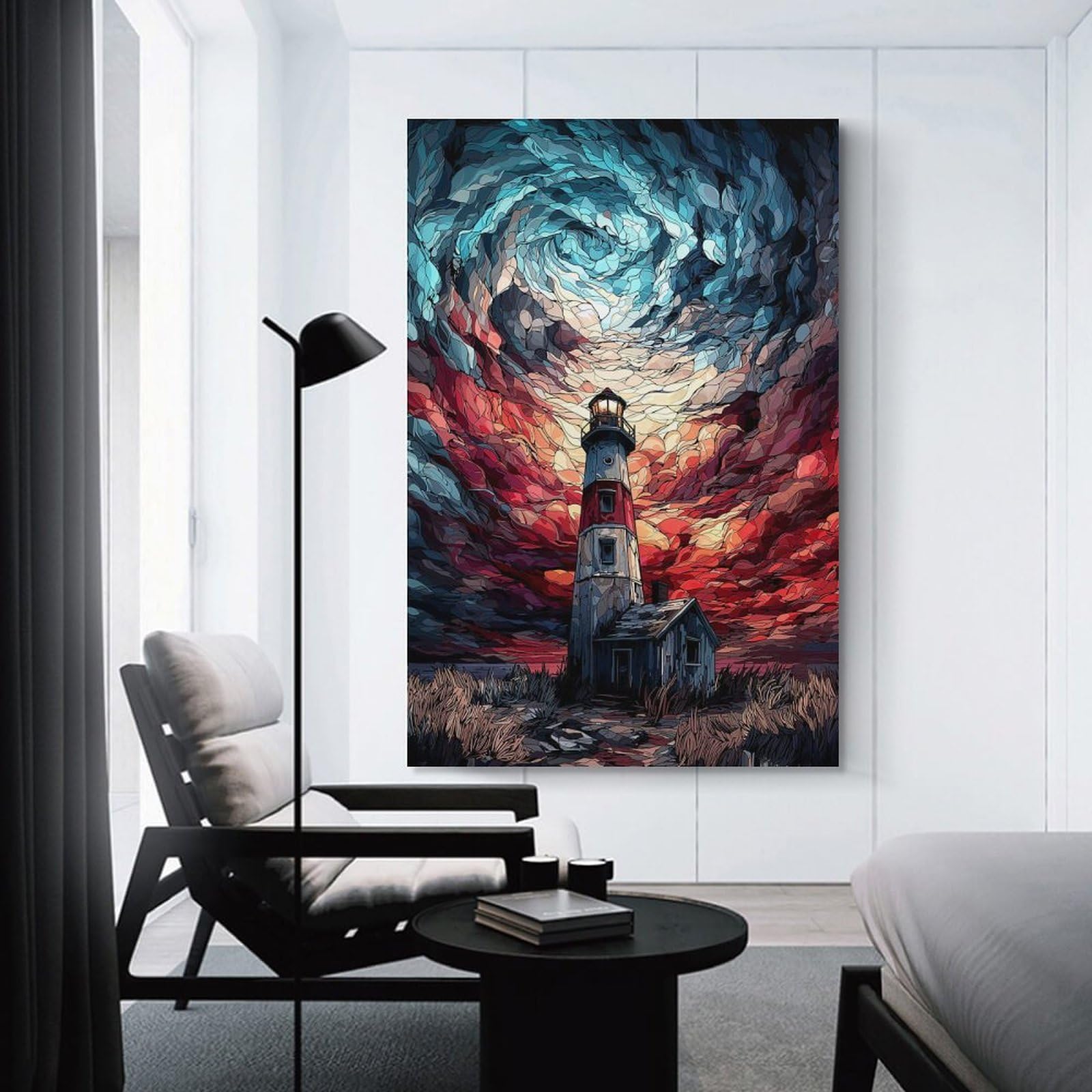 Junmoney Unframe-Style-11-1 Lighthouse Under Swirling Sky Wall Art Print, 24X36inch(60X90cm), For Office, Study Or Home Workspace, Decorative Artwork For Productive Spaces