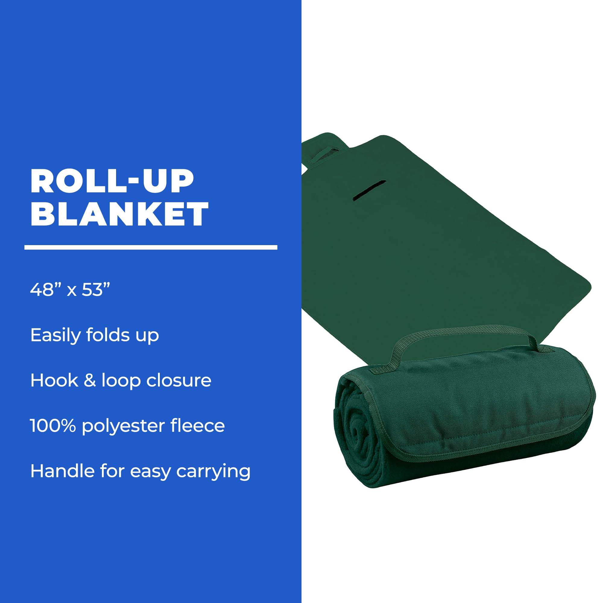 Gifts by Design 25 Ct of Roll-Up Blankets for Camping, Travel, Outdoors, Beach, Picnics – Hunter Green – Hook + Loop Closure for Easy Use in Cars & on Airplanes – Customizable for Promotions & Events