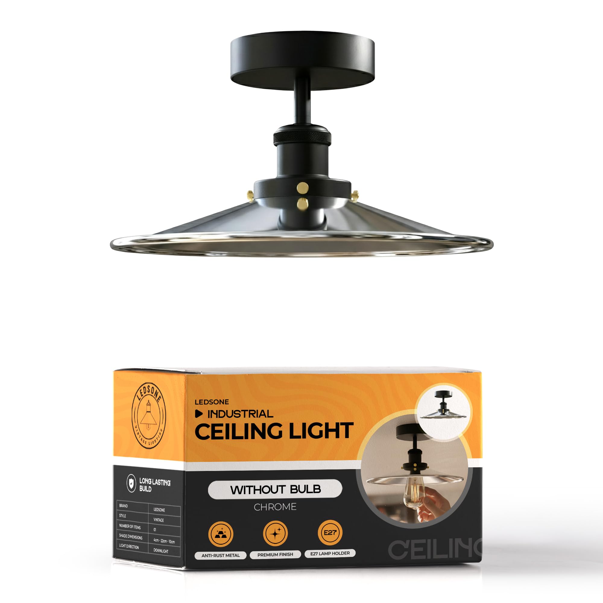 LEDSone Industrial Semi Flush Mount Ceiling Lights E27 Base Metal Chrome Shade LED Ceiling Pendant Light Fitting Lamp Fixture Chandelier for Bedroom Living Room Kitchen Hallway Without Bulb EPC A+