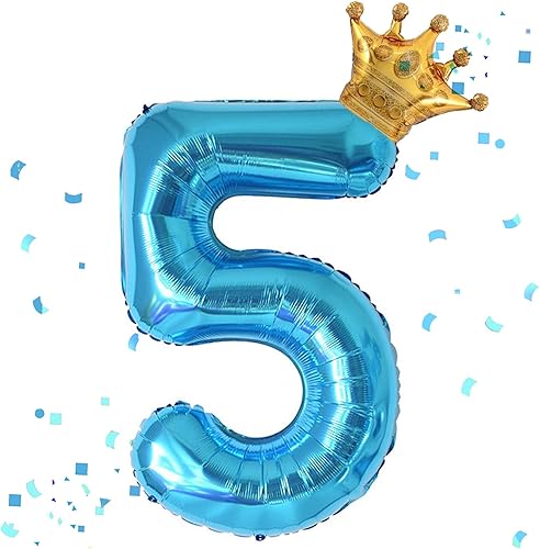 Globo azul de 40 pulgadas con número 5 y corona pequeña para decoraciones de fiesta de cumpleaños, decoraciones de fiesta de cumpleaños 5, globos de