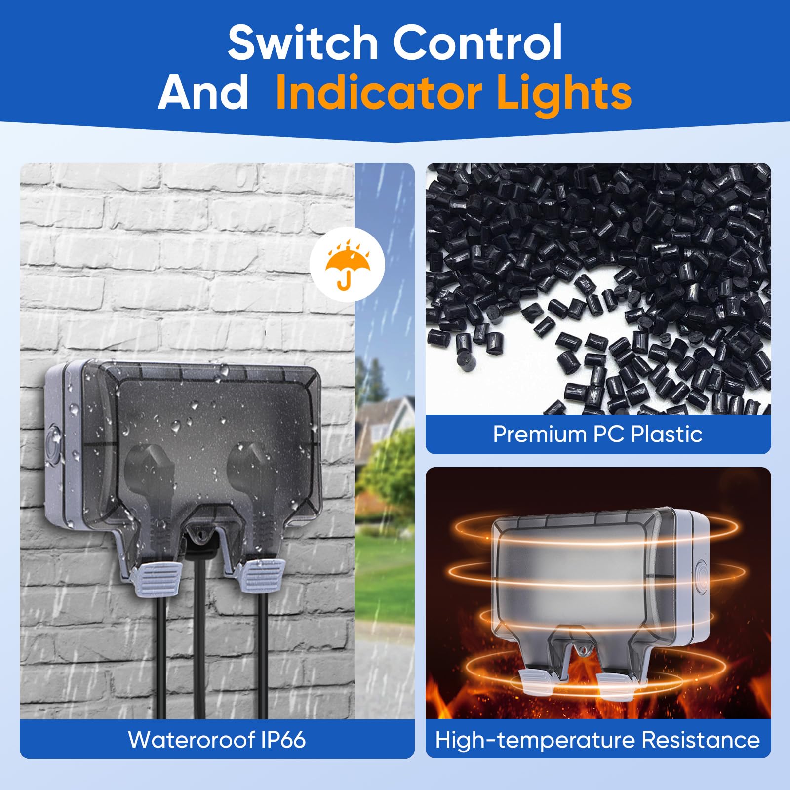 Toma de corriente para exteriores, cable de extensión impermeable de doble pared con interruptor de encendido y apagado y luz indicadora, toma de corriente externa eléctrica exterior, toma