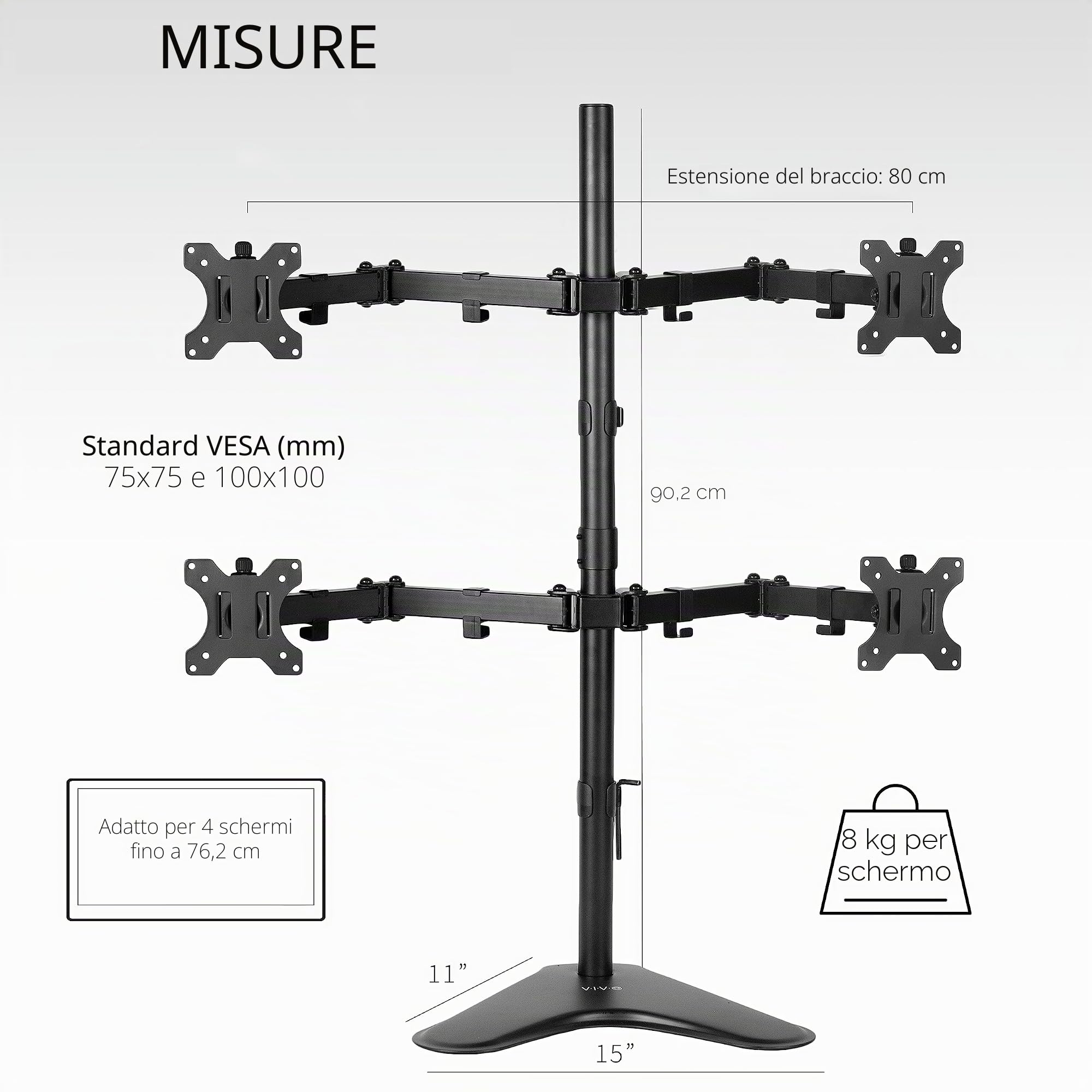 VIVO STAND-V004F - Supporto da tavolo per monitor Quad da 13 a 30", completamente regolabile, può contenere 4 schermi piatti o curvi