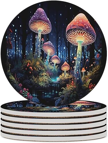 Miniatura 41 de Posavasos botánicos, posavasos redondos de cerámica redondos, 4 unidades, diseño de plantas vintage, diseño botánico de dibujos animados, hongos