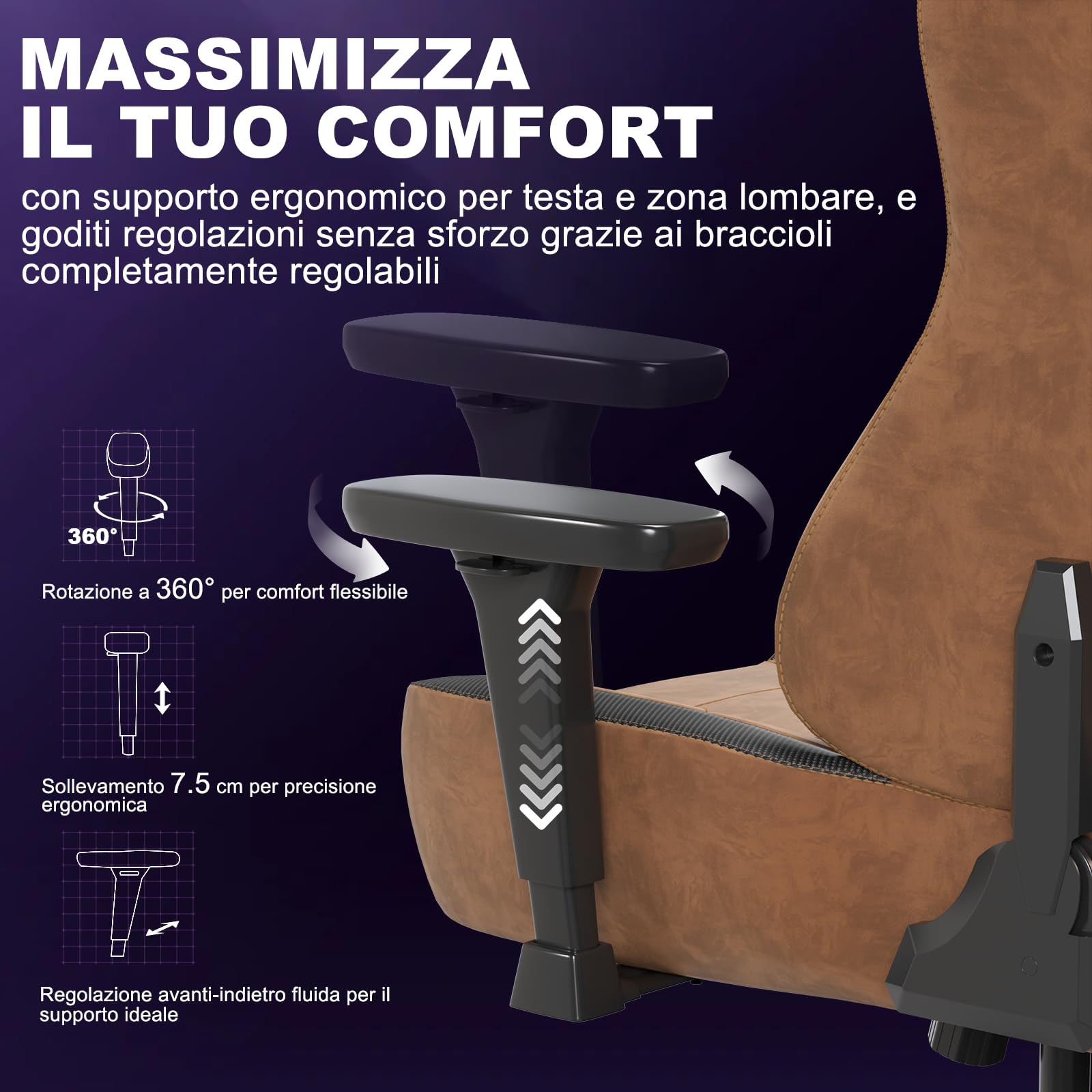 Devoko Sedia da Gaming Ergonomica in Pelle Scamosciata, Poltrona da Ufficio Gamer Reclinabile 90°-135°, Braccioli 3D Regolabili, Base in Metallo, Ruote Silenziose, Portata 180kg, Marrone Chiaro