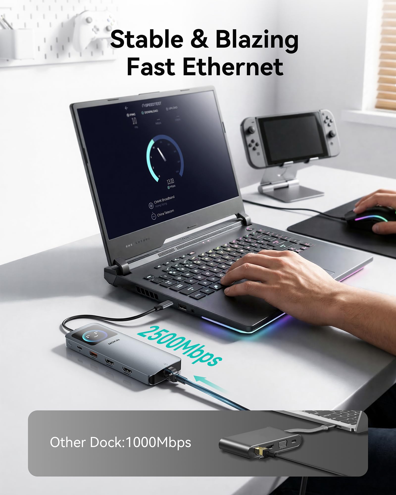MOKiN Estación de acoplamiento LED, estación de acoplamiento 12 en 1 para laptop, monitor dual 8K a 30 Hz, estación de acoplamiento USB C con 2 HDMI, PD 100 W, LAN de 2500 Mbps, 5 puertos USB de 10
