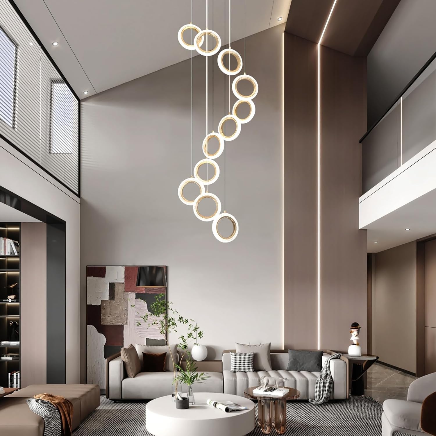 Kronleuchter Hohe Decke 12 Ringe Große Treppenhaus-Deckenbeleuchtung Einstellbar Goldene Moderne LED-Pendelleuchte Kristallfoyer Dimmbarer Deckenleuchter für Treppeneingang Wohnzimmer