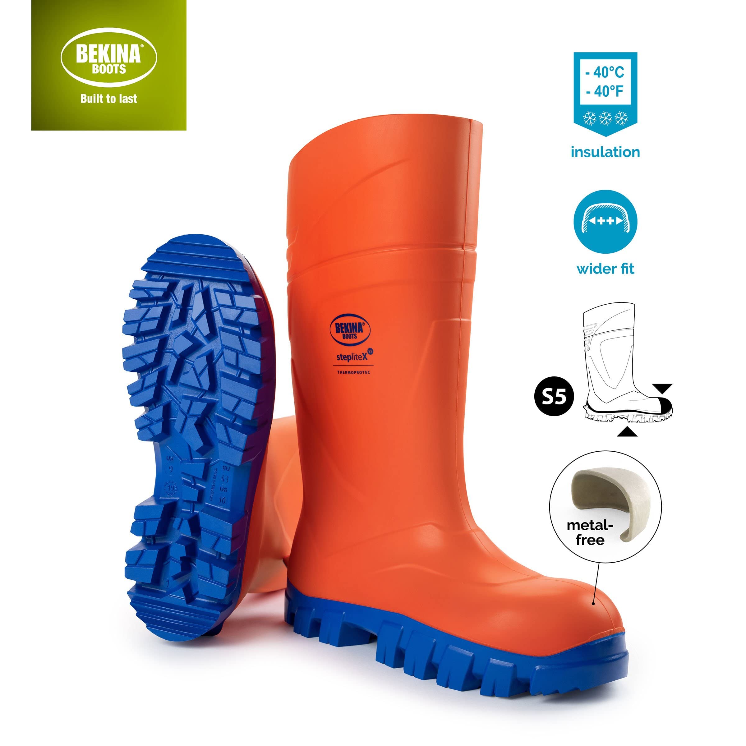 Bota de invierno con puntera y suela de seguridad sin metal, ligera y robusta para pescadores, balleneros y pescadores, resistente al frío hasta -40 grados, suela antideslizante, Naranja, EU 43