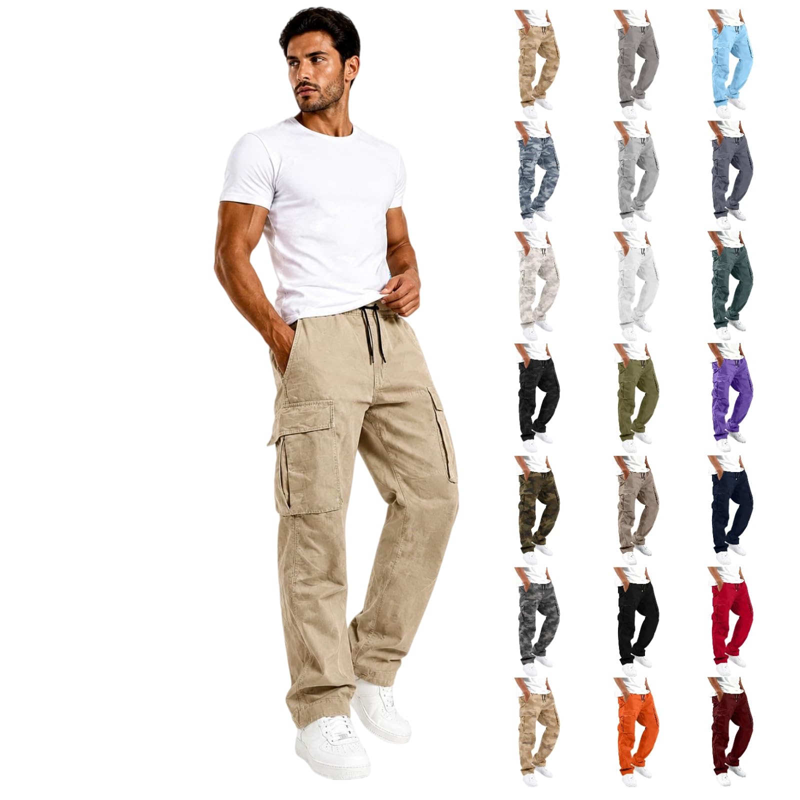 Mens Cargo Pants Casual Relaxed Fit Fall Elastic Waist Drawstring Hiking Work Pants with Multi Pockets 2026