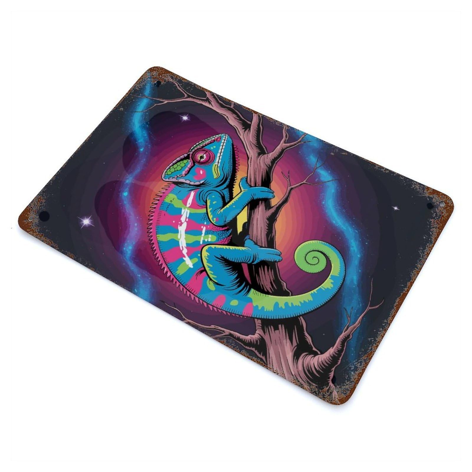 Colorful Chameleon on Branch in Space Rusty Metal Tin Sign 11.8"x7.9", for Shed, Workshop And Garage Wall Decor, Shabby Chic Decor