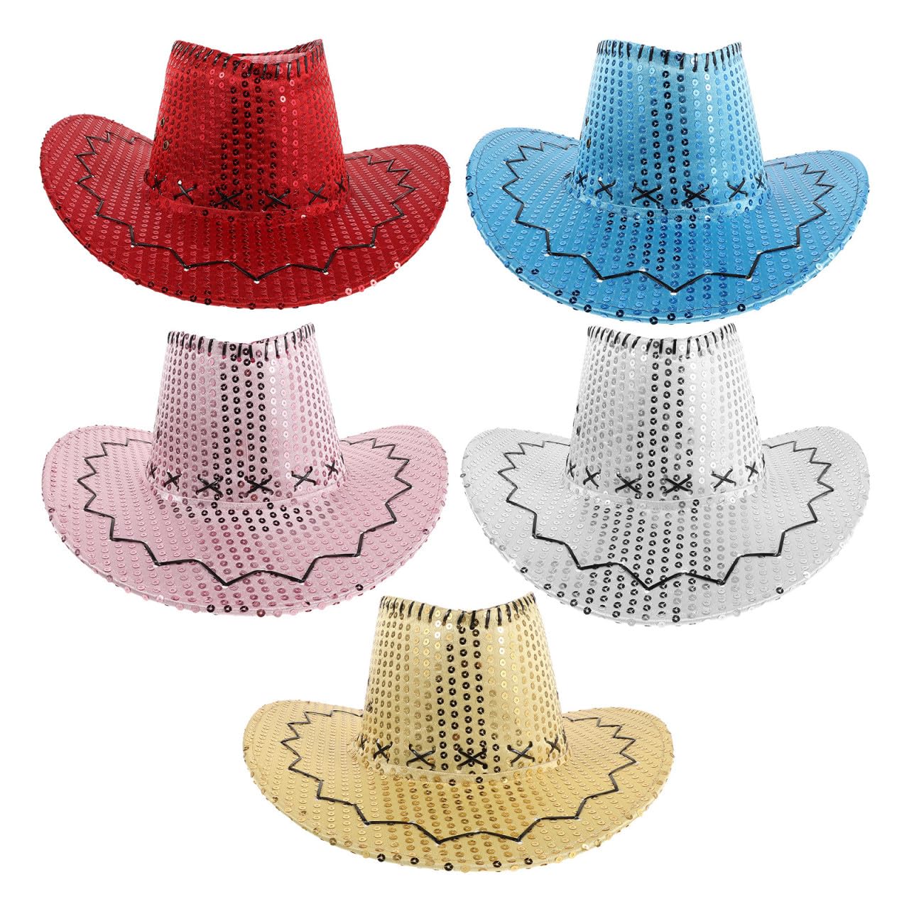 PACKOVE 5 Piezas Sombrero Vaquero para Mujer con Lentejuelas y ala Ancha, Tejido Cómodo y Plástico Resistente, Adecuado para Eventos al Aire Libre y Festivales de Fiesta