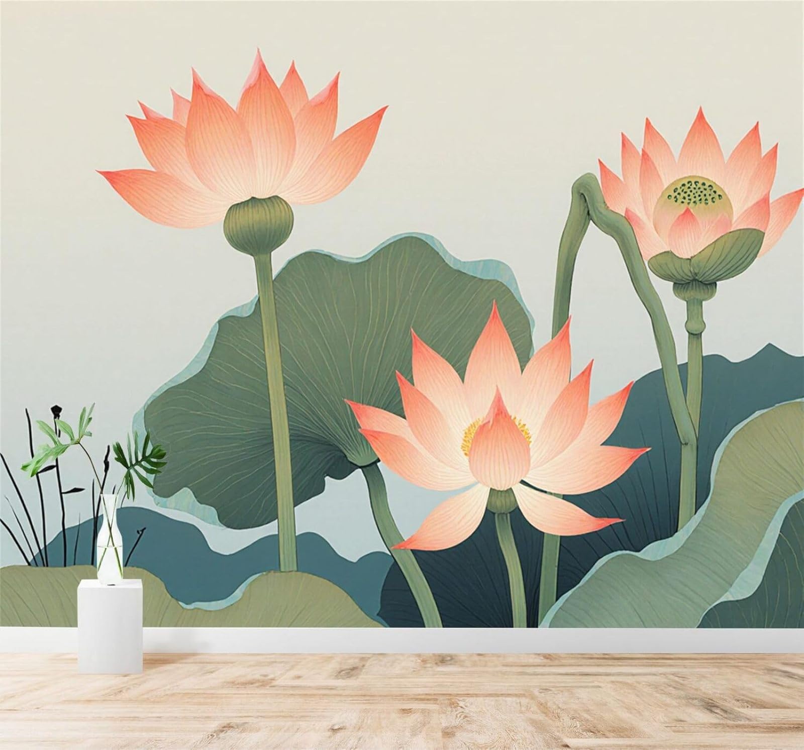 Tzxztt 200Cm×140Cm(B×H) Fresh Minimalist Pink Lotus Flower Lotus Leaf Modern 3D Wallpaper Premium Textured Silk Neutral Tones Material Ideal For Living Room Bedroom-200Cm×140Cm