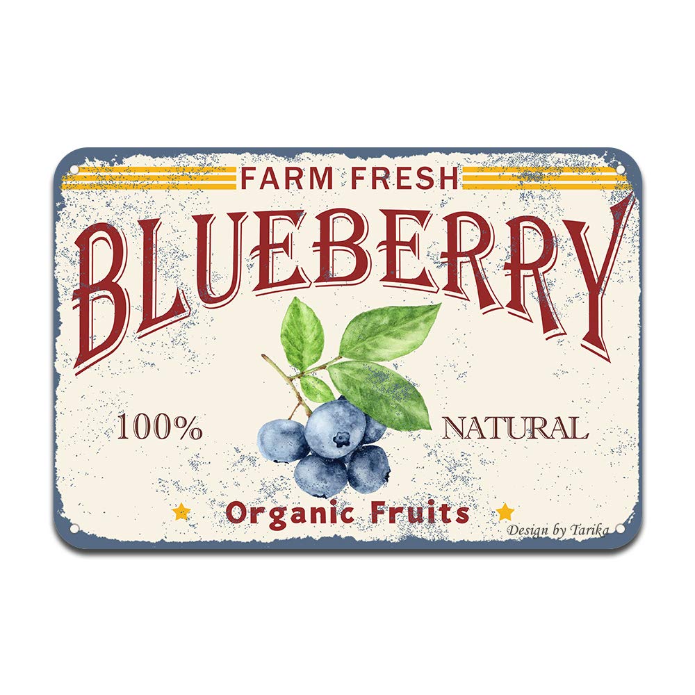 Farm Fresh Blueberry 100% Nature Organic Fruit Iron Poster Painting Tin Sign Vintage Wall Decor for Cafe Bar Pub Home Beer Decoration Crafts 8x12inches