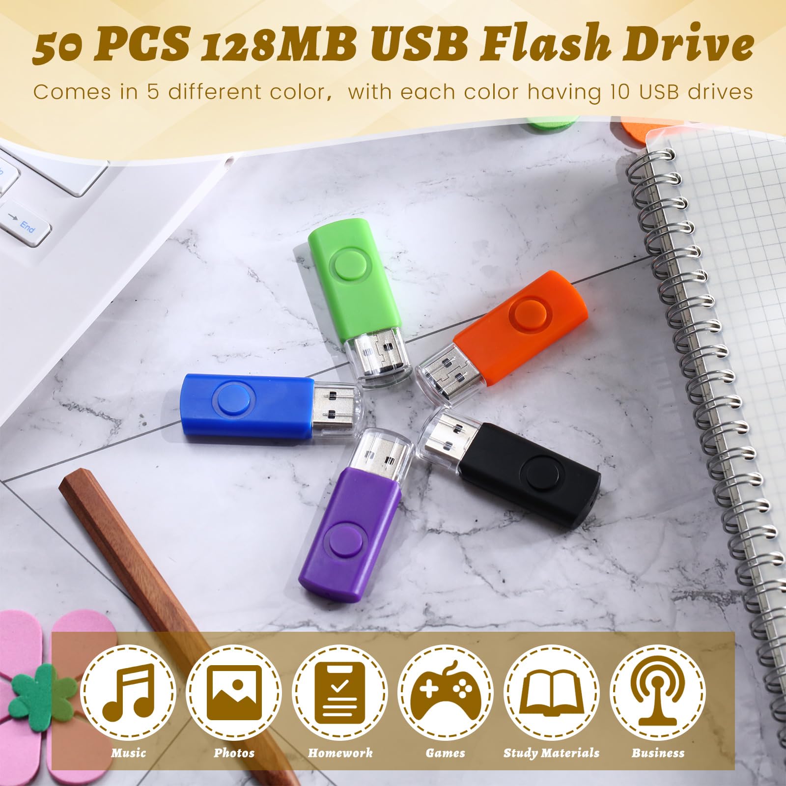 Kanayu Lot de 50 clés USB 2.0 de 128 Mo - Convient pour ordinateur de bureau, ordinateur portable, voiture - Pour stockage externe et sauvegarde - 5 couleurs - Pas de 128 Go