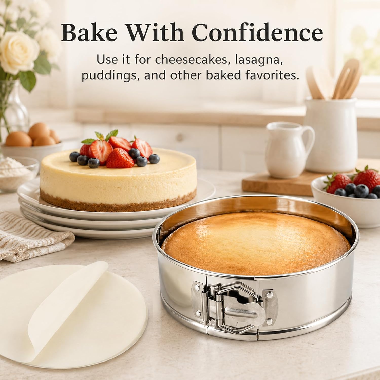 9 Inch Stainless Steel Springform Pan, Include Parchment Paper Liners, Leakproof & Nonstick Cheesecake Pan with Removable Bottom