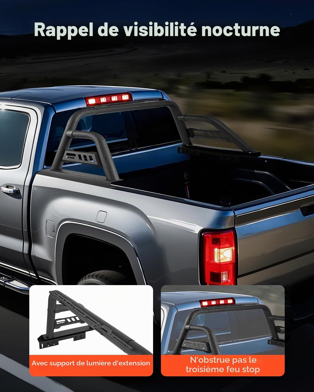 VEVOR Arceau de Sécurité Arrière pour Pick-up, Barre de Benne Réglable Universel, Compatible avec Pickup Pleine Grandeur, en Acier au Carbone, avec Support d'Extension pour Éclairage, Rack Non Inclus
