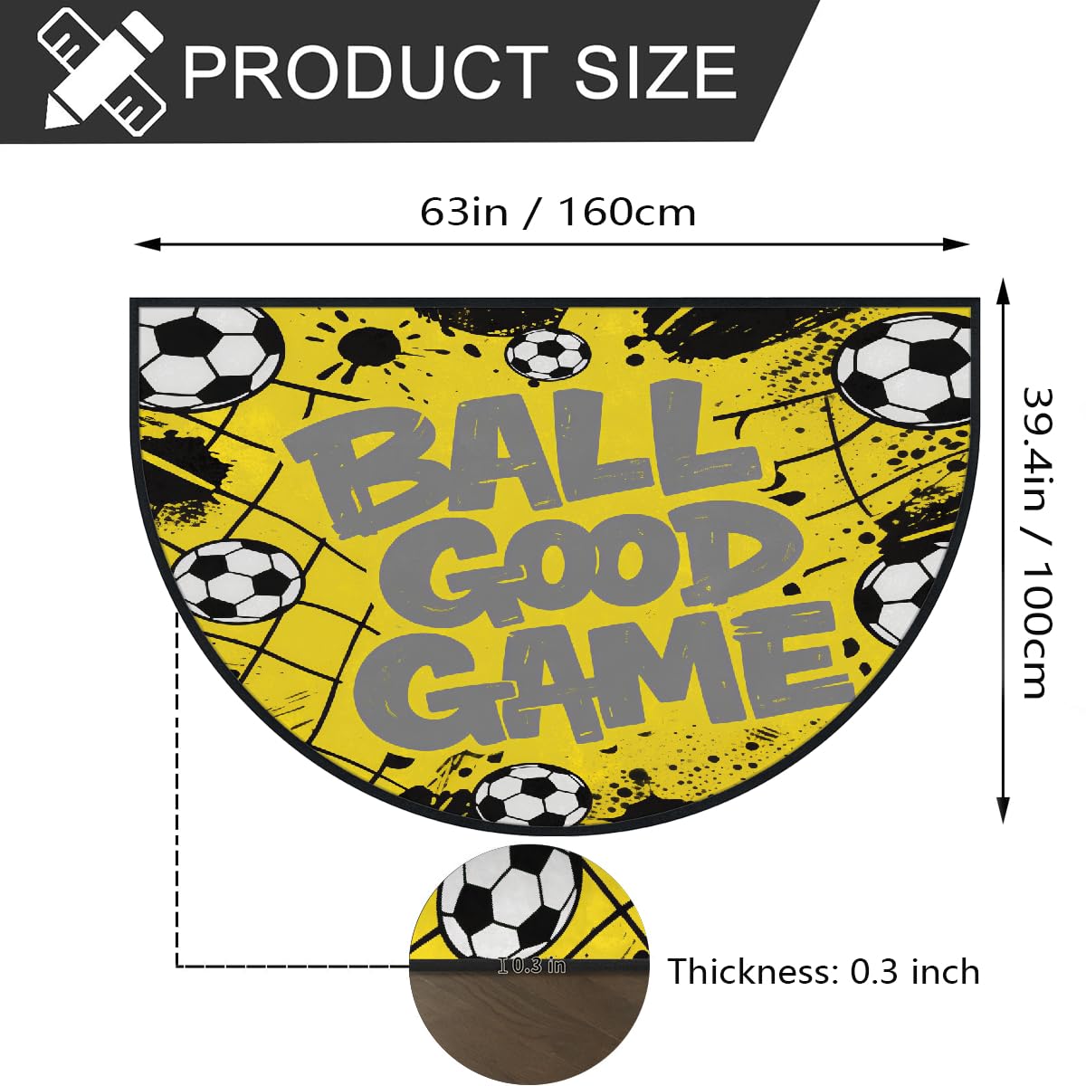 Große halbrunde Fußmatte – Fußballtor gelb, rutschfest, saugfähig, halbrund, Eingangsbereich, niedlich, weich, halbrund, waschbar, Teppich für Küche, Badezimmer, Schlafzimmer, 160 x 100 cm