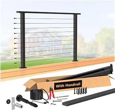 36" Swageless 2-4FT Black Complete Cable Railing System Post Kit with Handrail Cuttable, T304 Stainless Steel, Modular Pre-Cut 1/10" Cable Railing Kit with Level Post Easy DIY for Deck Porch
