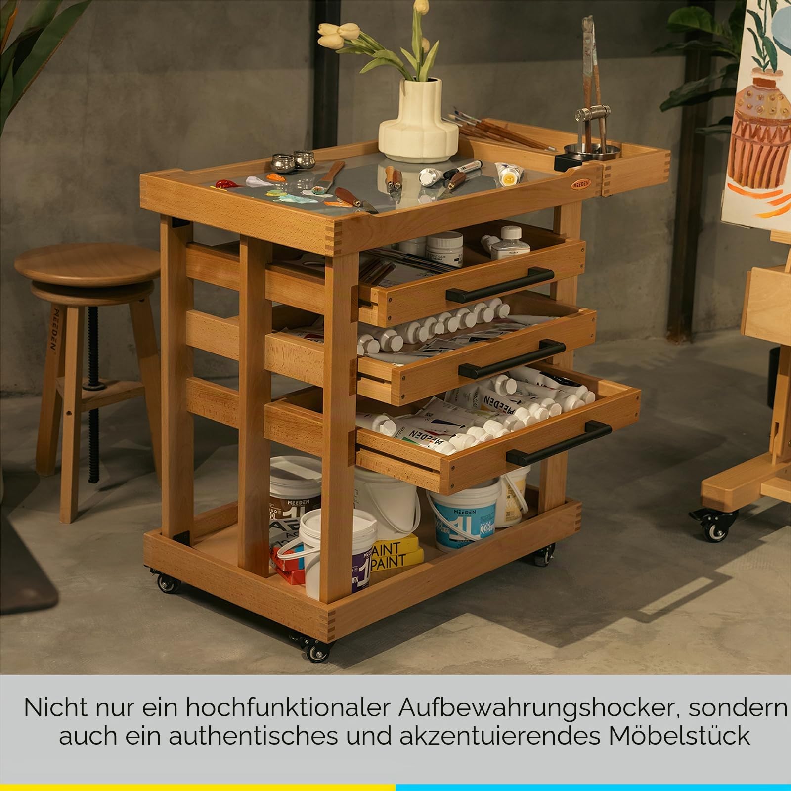 MEEDEN Art Supplies Aufbewahrungswagen: 5-stöckiger Rollwagen aus massivem Buchenholz mit 3 Schubladen – Bastelorganizer auf 4 Rädern - Natural