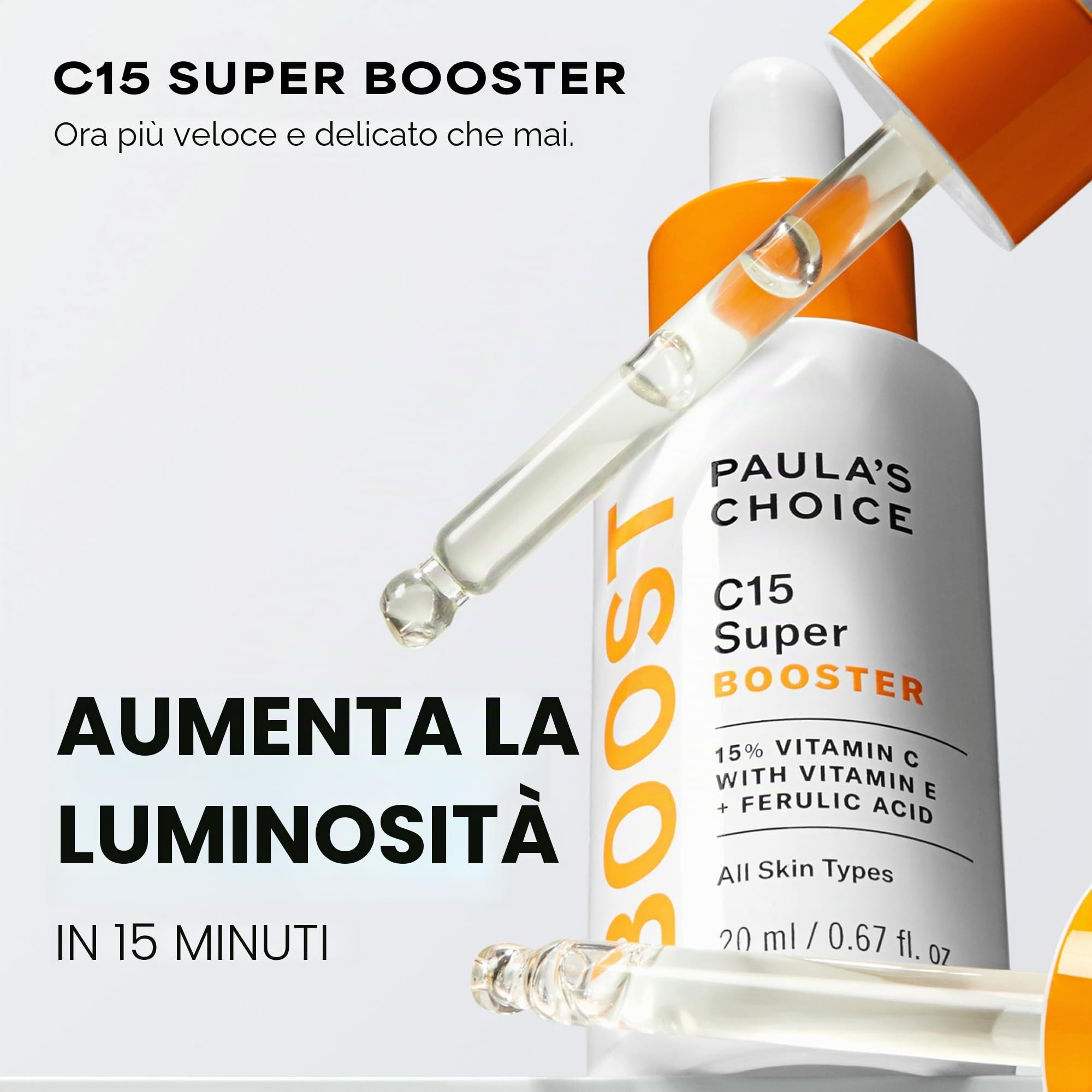 Paula's Choice C15 Super BOOSTER - Siero Viso con 15% Vitamina C - Antirughe e Antimacchie - Illuminante la Pelle - con Acido Ferulico e Vitamina E - Tutti i Tipi di Pelle - 20 ml | Formula anti-età alle Vitamin C & Peptidi - Illumina la pelle - Riduce le