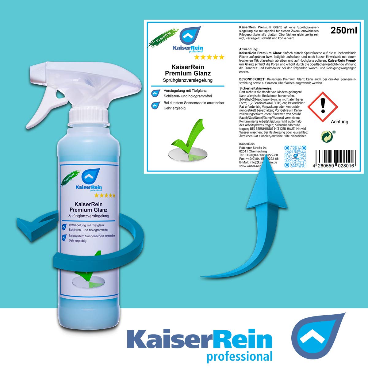 KaiserRein Universal Premium Glanz Versiegelung 3x 250 ml Glasversiegelung, Sprühglanzversiegelung, Kunststoffversiegelung, Schnellkonservierung, Lackversiegelung Dusche Auto Fenster