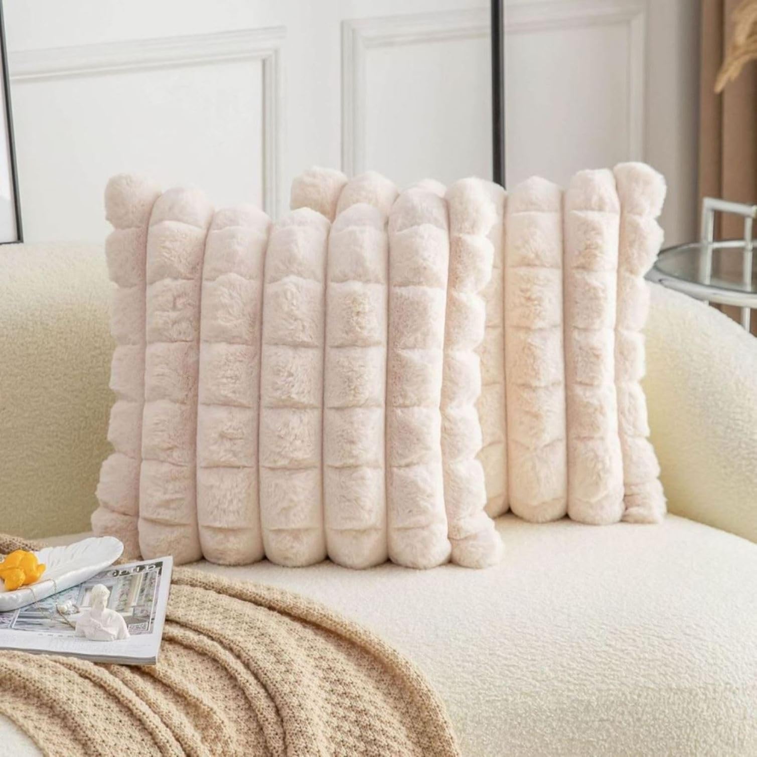 MONKDECOR (O.F) Cream Faux Fur Cozy Soft Plaid Decorative Throw Pillow Covers 16x16 inch Set of 2,Velvet Pillowcase Cushion Case for Sofa Couch-image-5