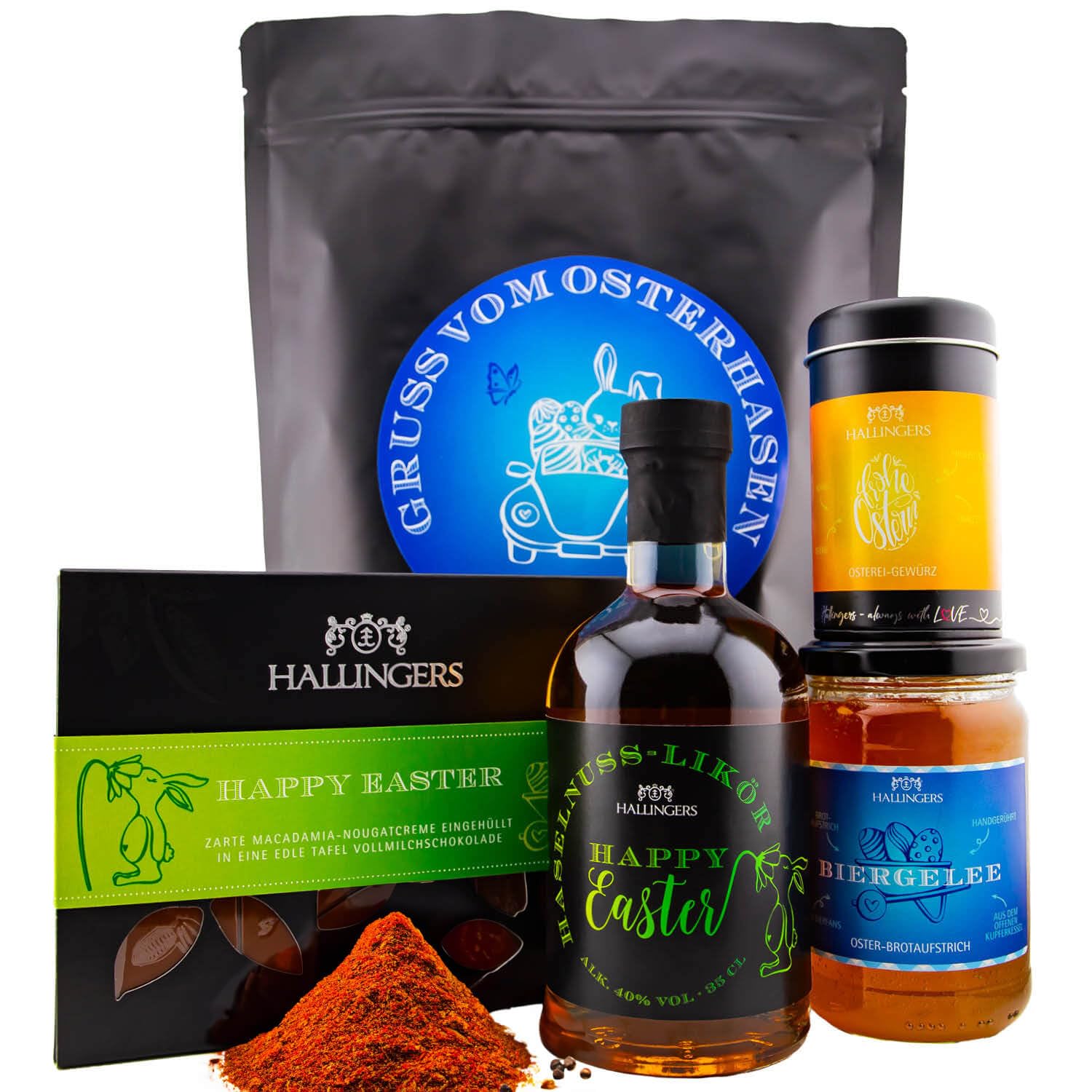 Hallingers Genuss Manufaktur Feinkost Oster-Geschenk-Set - XXL-Wundertüte "Gruß vom Osterh..." großes Osternest Ostertafel, Biergelée, Likör & Osterei-Gewürz, Ostern Körbchen für Frauen Männer