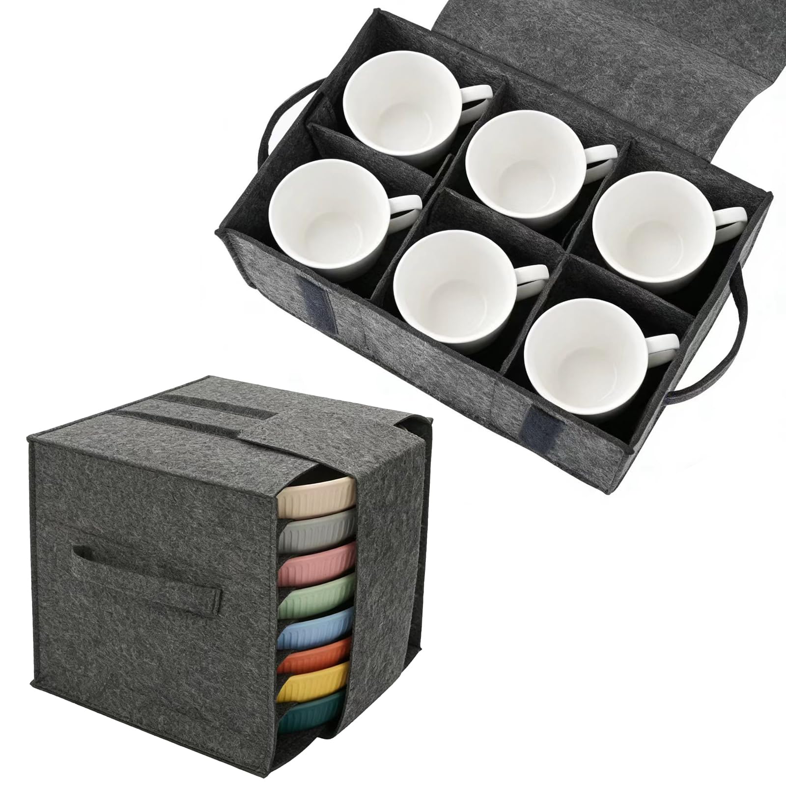 giteo bedding 2Pcs Felt Cup Storage Box, Caravan Plate and Cup Holders Set, Tableware Bag Glass Carrier for Camping, Motorhome, Caravan, Kitchen, Dark Gray