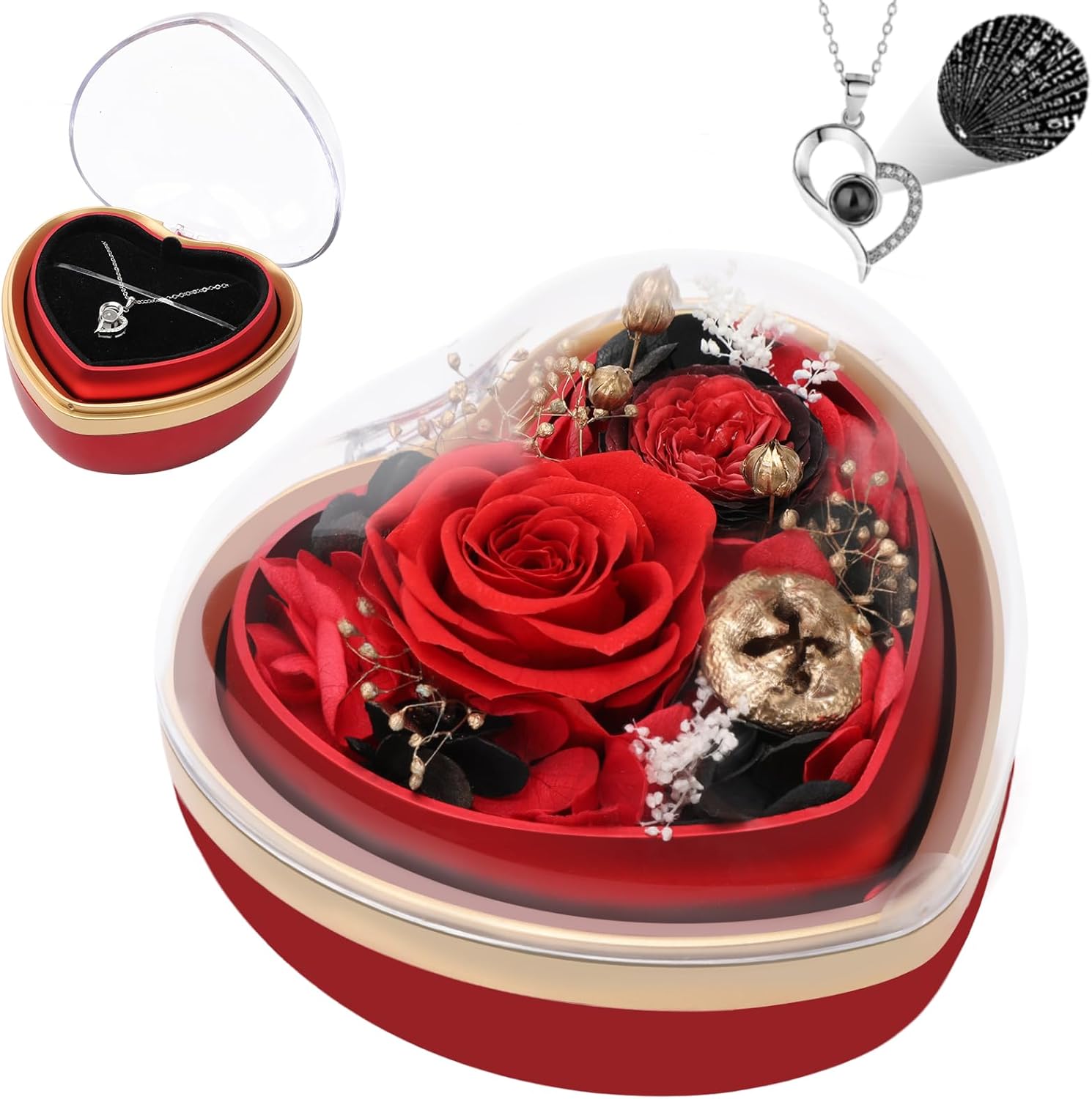 Preserved Real Rose with I Love You Necklace in Heart Shaped Box, Valentines Day Gift for Her, Red Eternal Flower Christmas Mothers Day Birthday Gifts for Women Mom Wife Girlfriend Grandma