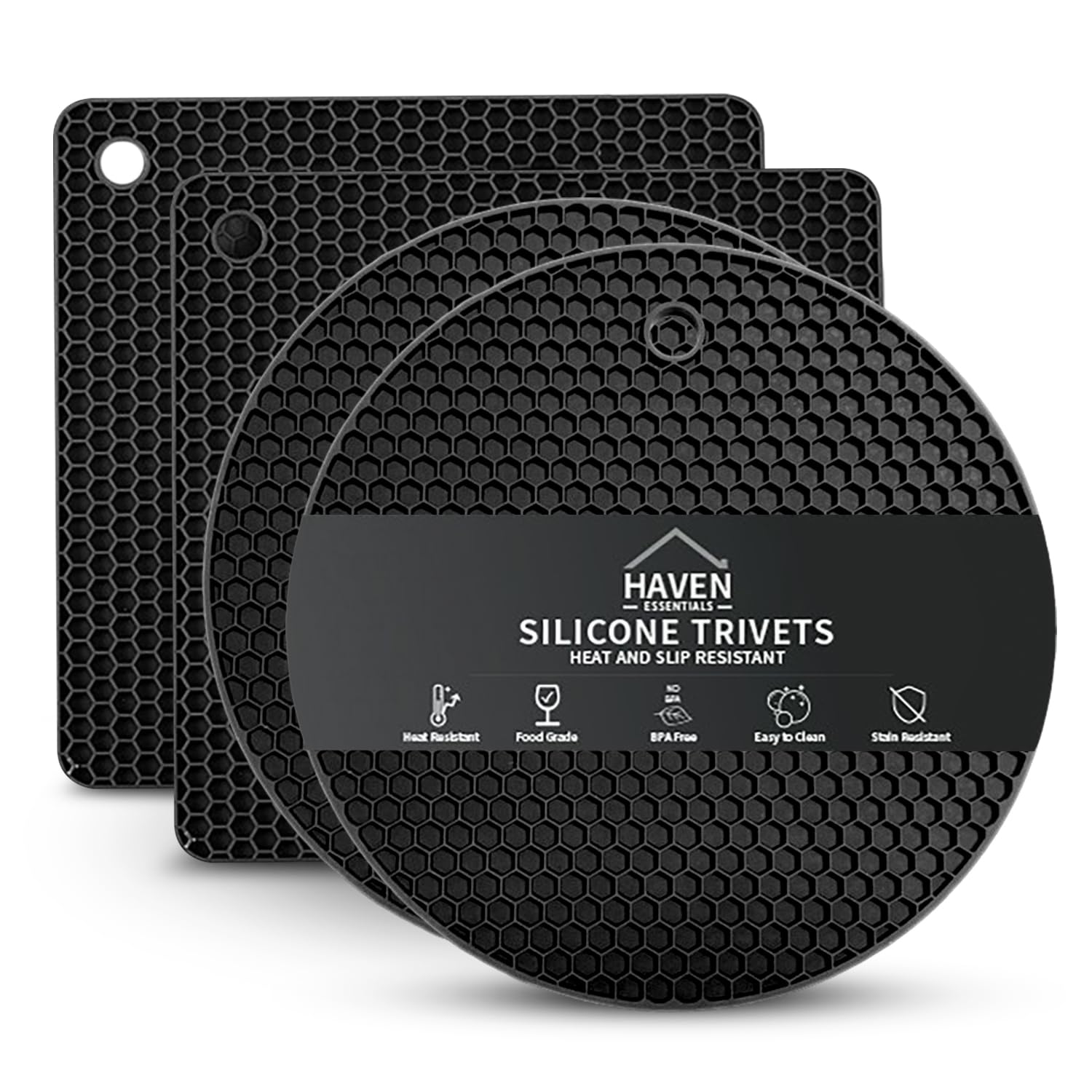Haven Essentials Silicone Trivets – Pack of 4 Honeycomb Heat Resistant Hot Pads, BPA-Free Non-Slip Silicone Mats, 18cm Thick Dish, Pot & Pan Protectors for Kitchen Countertops & Dining Table