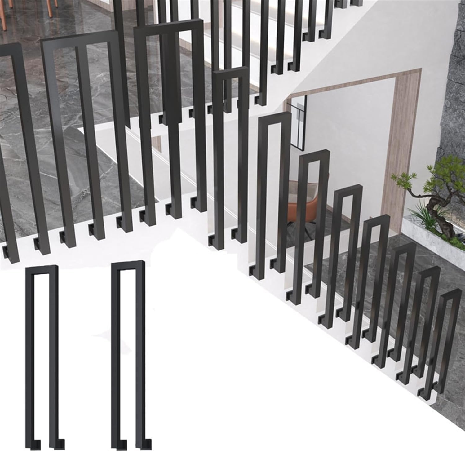 WaiDXn Black Square Wrought Iron Railings, Suitable For Garden Houses, Terraces, Balconies, Indoor/outdoor Stair Handrails(U-shaped 2 Pieces,65cm)