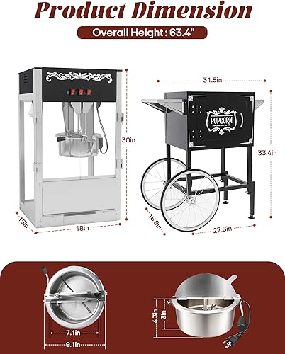 Miniatura 6 de Máquina comercial de palomitas de maíz con carro, auténtica máquina para hacer palomitas de maíz de 16 onzas con plataforma de calentamiento, Negro