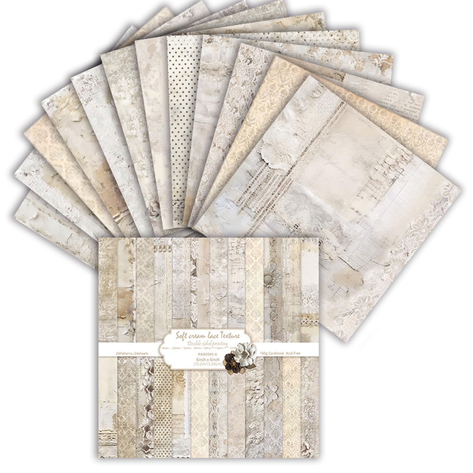 Scrapbook Paper 6x6 160gsm Double-Sided Decorative Papers for Scrapbooking, Junk Journaling, and Card Making, Ideal Scrapbook Supplies and Paper Craft Supplies 24 Sheets (Cream Lace, 15x15cm)