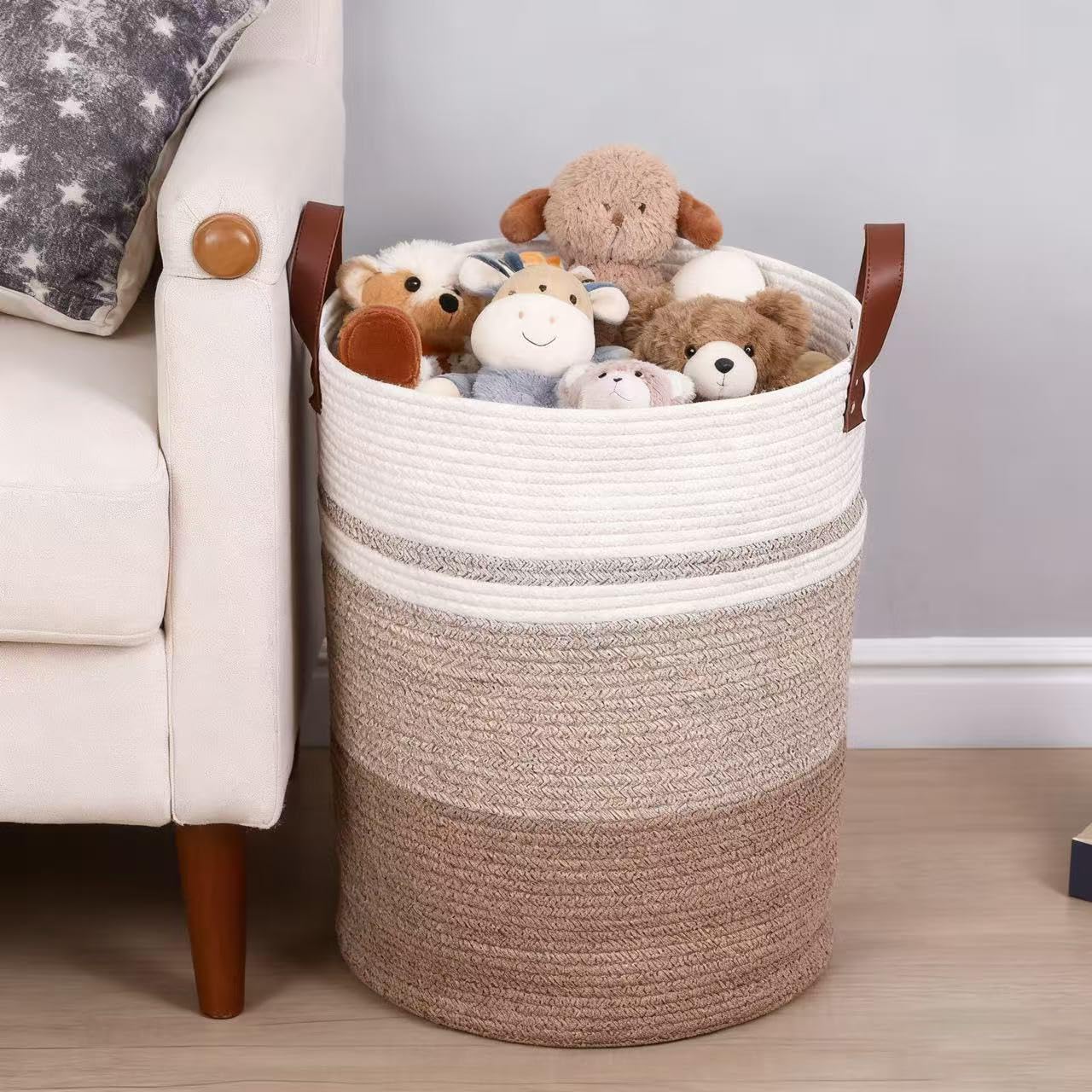 Laundry Basket,Woven Cotton Rope Laundry Hamper,60L for Decor Storage of Dirty Clothes,Toys and Blankets in Bathroom,Baby Room and Living Room (White Stripe Brown, 60L)