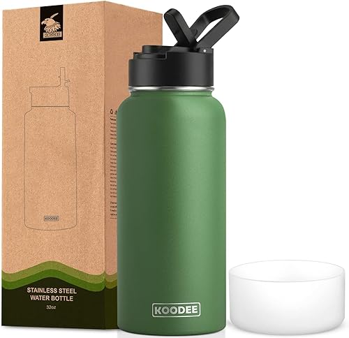 Miniatura 28 de koodee Botella de agua de 16 onzas de acero inoxidable de doble pared aislada al vacío, botella de agua de boca ancha con tapa de popote a prueba de