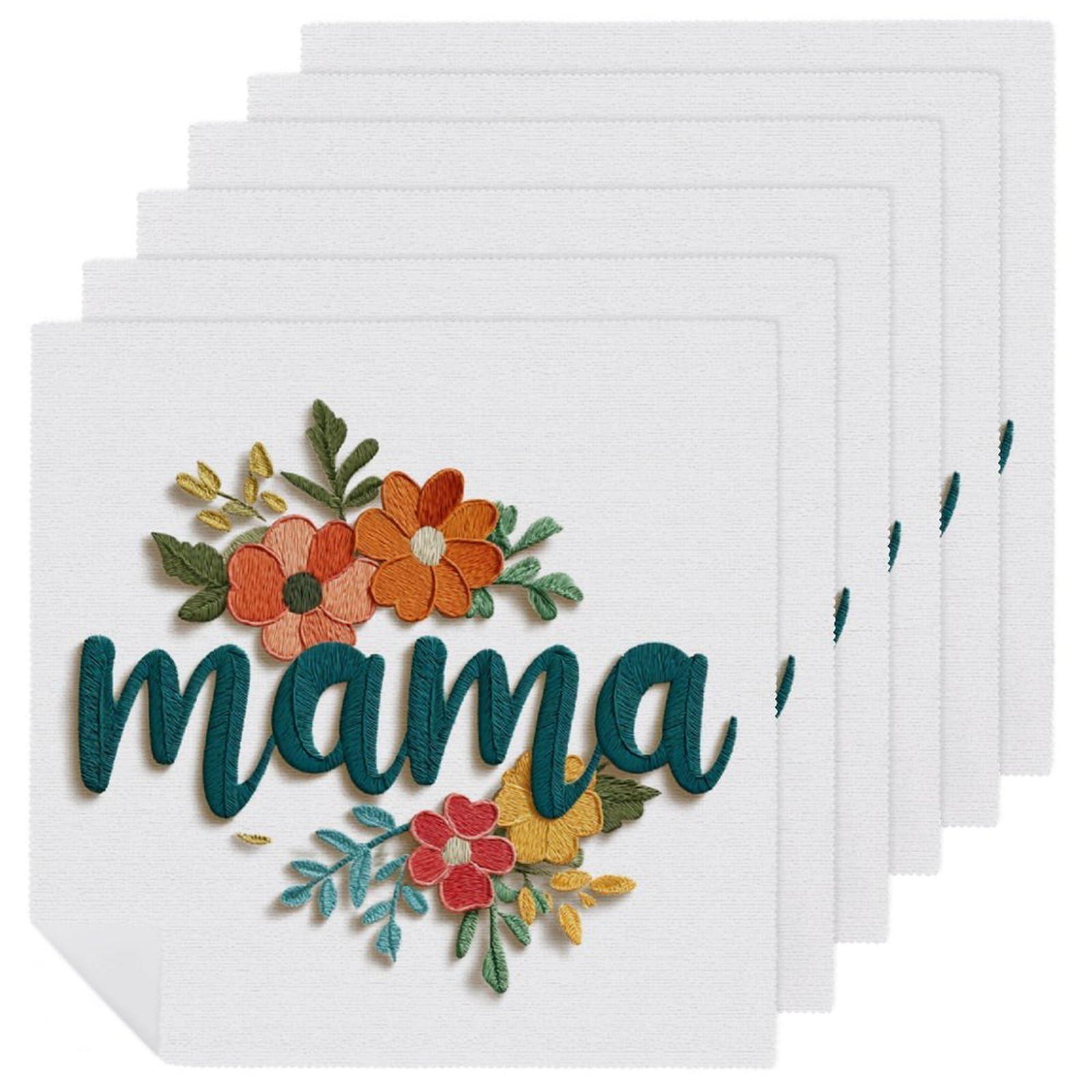 Word Mama in Embroidered with Flowers Cloth Napkins Set of 6, Square Premium Reusable Washable Polyester Table Linen Napkin for Dinner Party