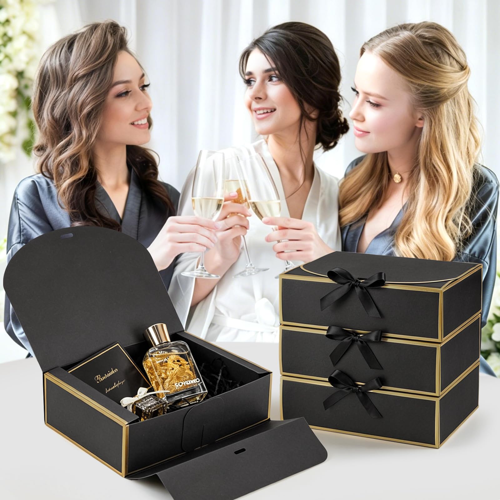 Kucoele 15 scatole regalo con coperchio, 26 x 19 x 7,8 cm, scatole regalo per damigella d'onore, scatole nere e dorate con nastri, per matrimoni, compleanni, lauree, confezione regalo