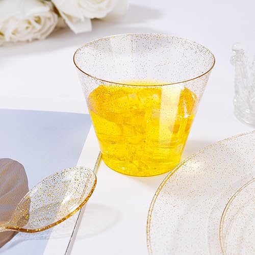 Vista 21 de I00000 - Juego de vajilla dorada de 700 piezas, 200 platos de plástico dorados, juego de 300 cubiertos desechables dorados, 100 vasos, 100 Oro,Claro