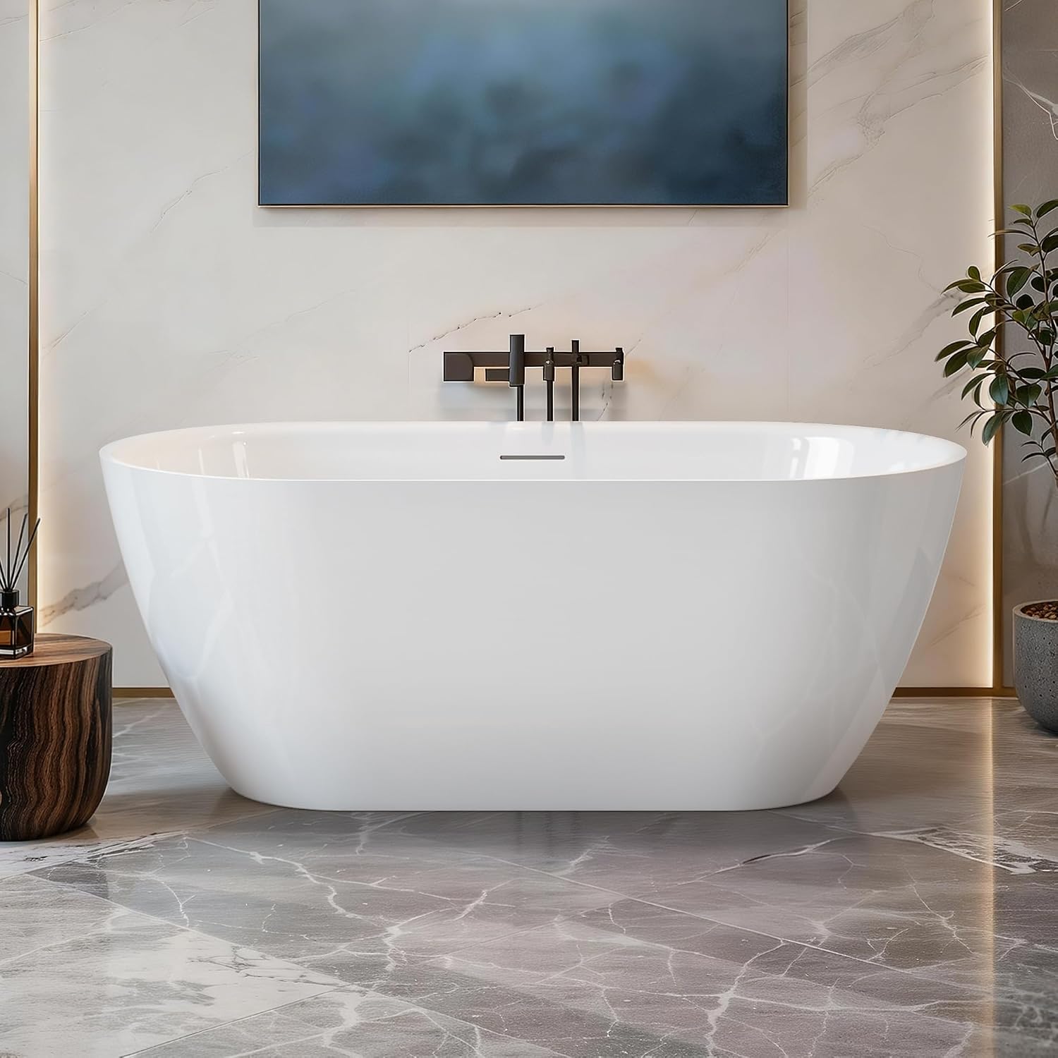 59" Freestanding Bathtub, Modern Oval Acrylic Soaking Tub with Overflow & Pop-up Device Function, cUPC Certified Deep Standalone Tub, Double-Walled Insulation, White