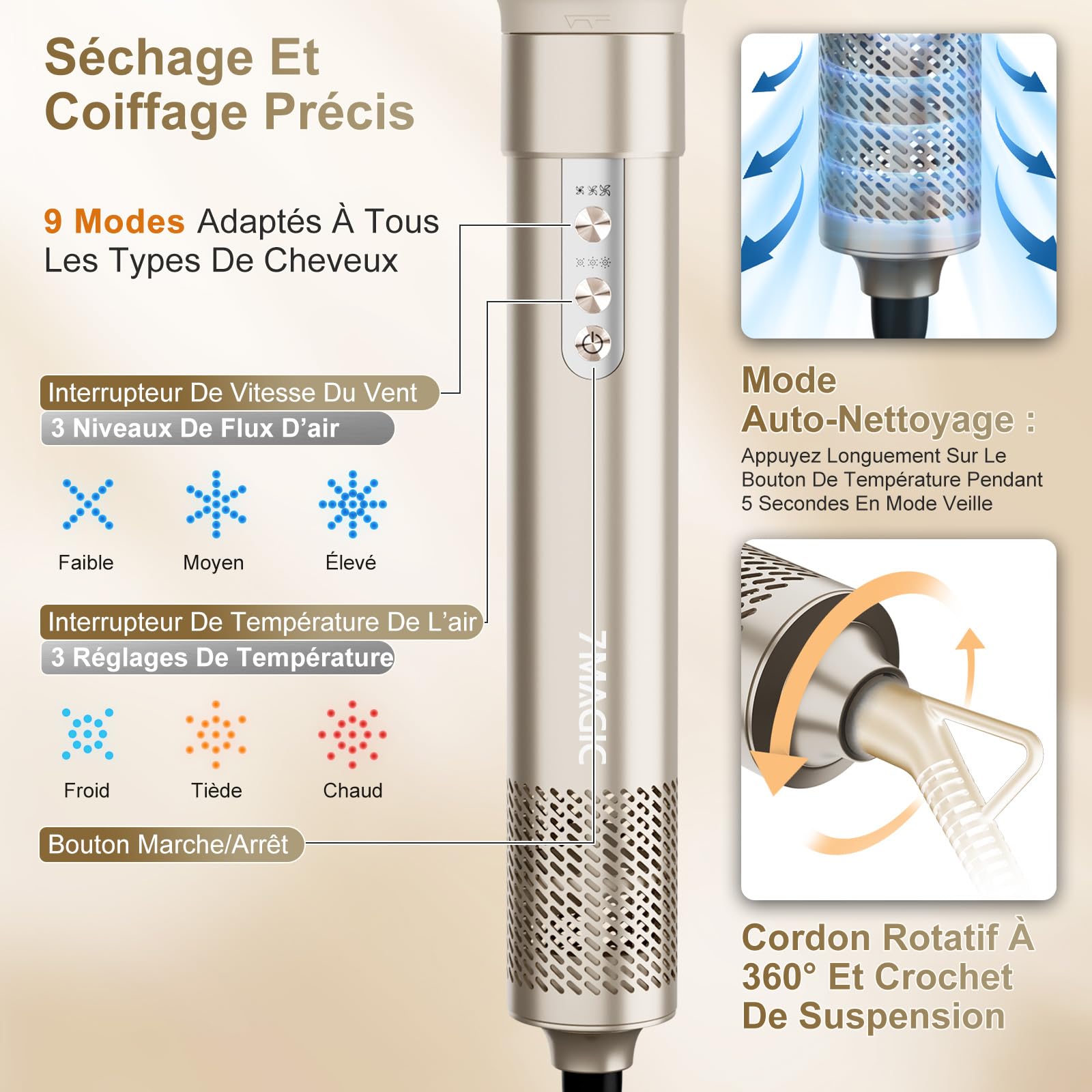 7MAGIC Air Styler 6 en 1, Sèche Cheveux Ionique, Boucleur a Cheveux Automatique, Brosse Soufflante, Brosse Lissante, Sans Dommages De Chaleur, avec Sac De Voyage, pour Les Occasions Spéciales