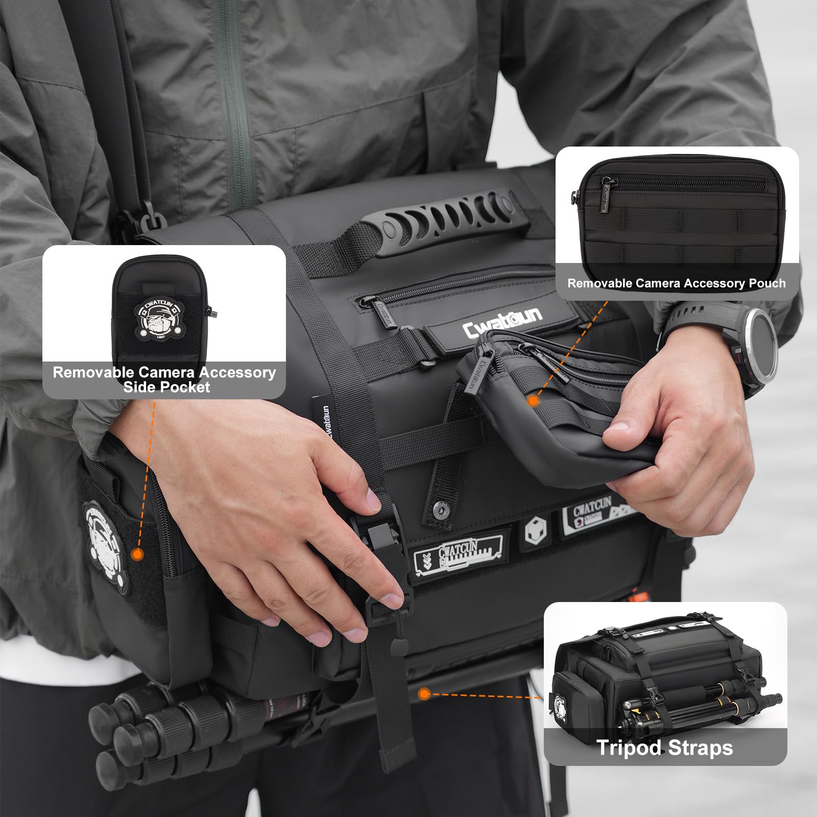 Cwatcun Bolsa táctica grande para cámara, funda cruzada impermeable con soporte para trípode y bolsas