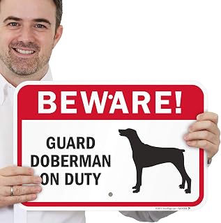SmartSign Aluminum Sign, Legend "Beware! Guard Doberman on Duty" with Graphic, 12" High X 18" Wide, Black/Red on White