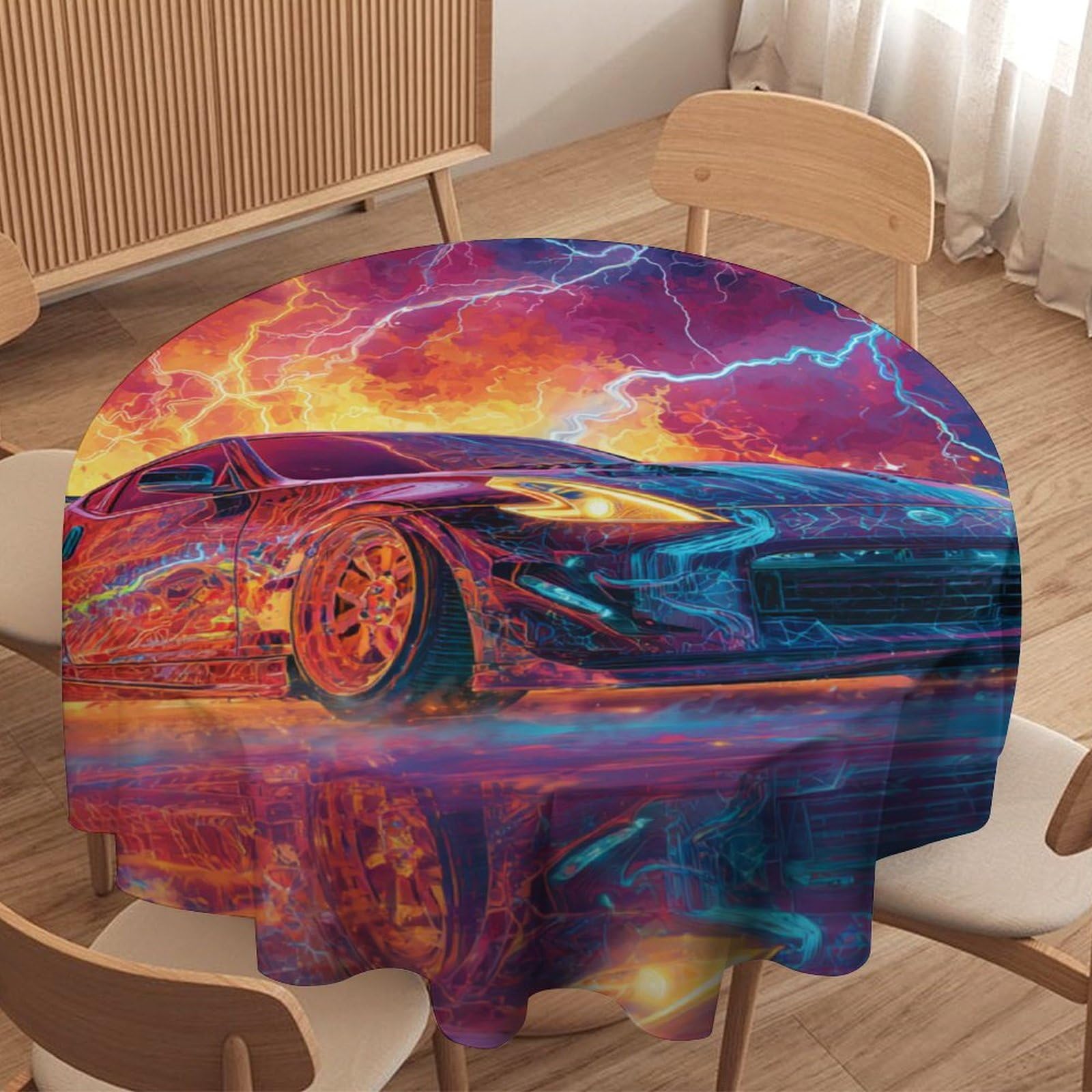 LUYYSKY Cool Funny Racing Car Waterproof Round Tablecloth Realistic Watercolor Lightning Burning Sports Car Pattern Washable Table Cover for Kitchen-50 Wx50 L