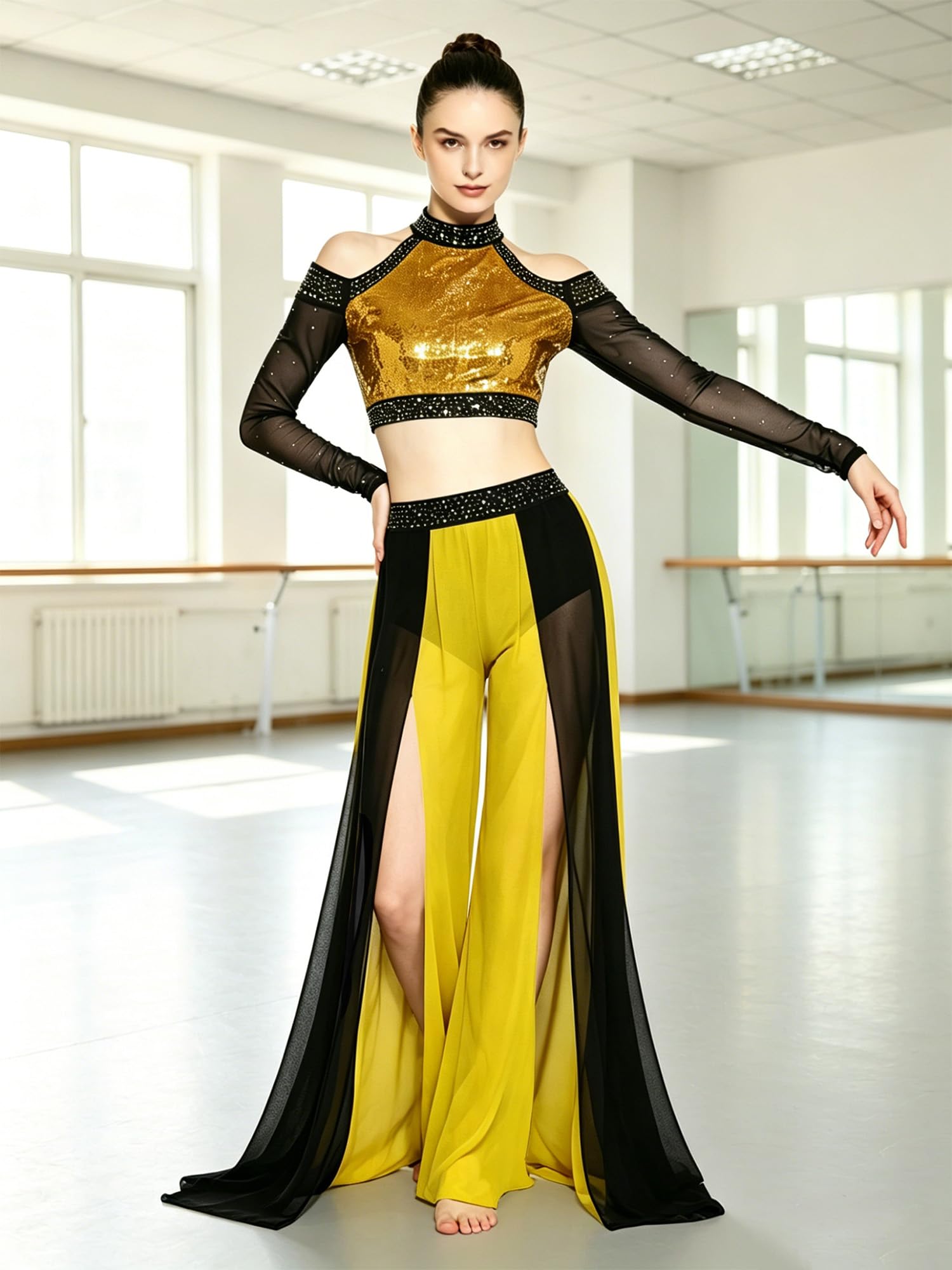 Aislor Donna Abbigliamento da Ballo Lirico A Due Pezzi Completo Danza del Ventre Truccoletti con Sequine + Pantaloni Largo Pantalone Fenduti
