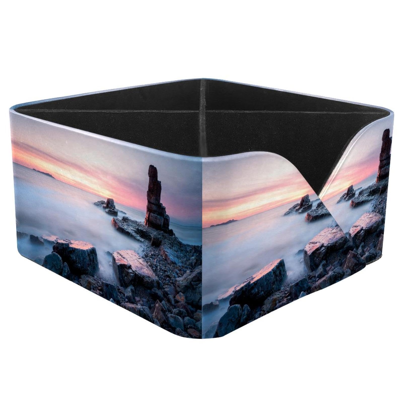KengjuTesu Seaside Sunset Stone Desktop Organizer Pen Holder, Rectangular Pencil Cup for Office, Study and Makeup Stations