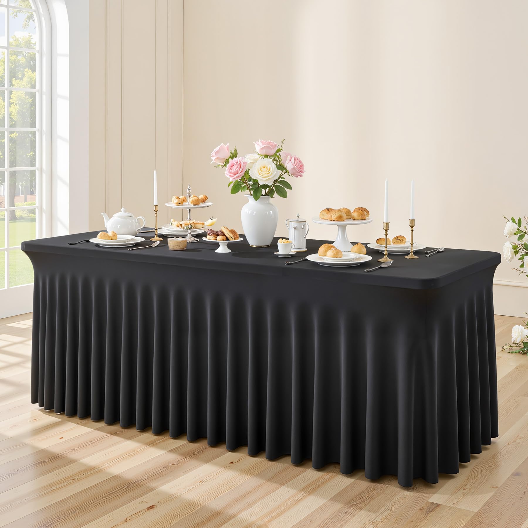 Besutolife Black Spandex Tablecloth with Skirt for 6ft Rectangle Tables - Wrinkle-Resistant, Stretchable, Machine Washable - Perfect for Weddings